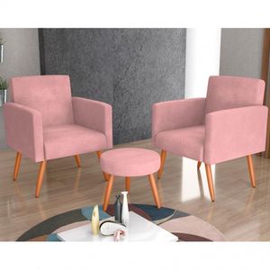 Conjunto De Poltronas Dallas Com Puff Em Veludo Matrix Rosa