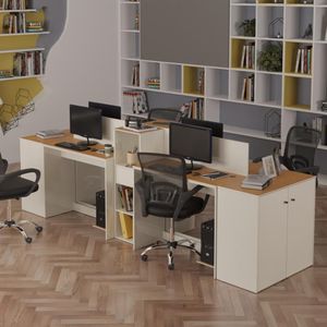 Estação De Trabalho 4 Lugares Office Smart 4 Mesas 2 Armários 2 Aparador - Off White E Cedro Off White E Cedro