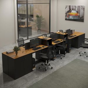Estação De Trabalho 6 Lugares Smart Office 6 Mesas 4 Armários 4 Aparadores Preto E Cedro
