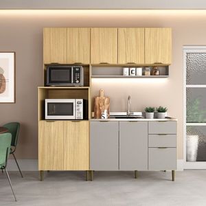 Cozinha Modulada 03 Peças 100% Mdf Com Torre Quente Sem Tampo Louro Freijó Cinza