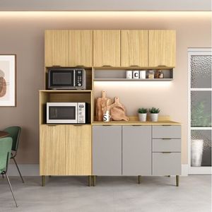 Cozinha Modulada 03 Peças 100% Mdf Com Torre Quente Com Tampo Louro Freijó Cinza