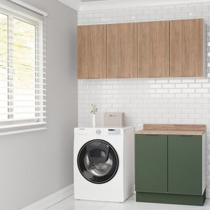 Lavanderia Modulada 3 Peças 2 Armários Aéreos 1 Balcão 2 Portas Ipanema Cabecasa Madeiramadeira Verde Folha Acácia