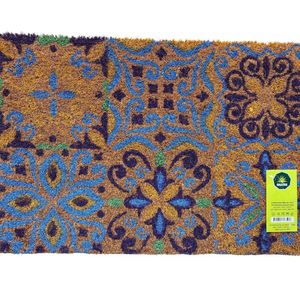 Capacho Fibra Coco Pvc Pintado Azulejo Azul 40cm X 60c Bege E Azul