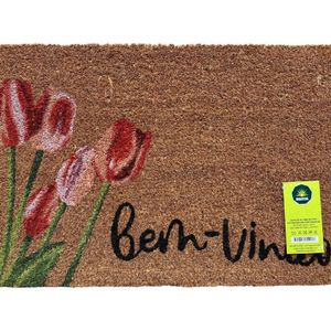 Capacho De Fibra De Coco Pvc Pintado Bem Vindo Tulipas 40cm X 60cm Bege Rosa