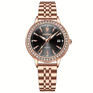 Relógio De Quartzo Elegante Para Mulheres Luxo Com Strass Pulseira De Aço Inoxidável Ouro Rosa Preto