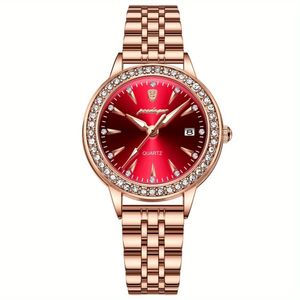 Relógio De Quartzo Elegante Para Mulheres Luxo Com Strass Pulseira De Aço Inoxidável Rosa Dourado Vermelho