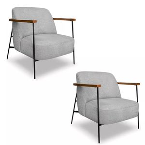 Kit 2 Poltronas Decorativa Eros Linho Bouclê Com Base De Ferro Preto SSX Multicoisas Cinza Claro
