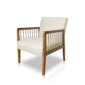 Poltrona Decorativa Haia Linho Com Base Madeira Maciça SSX Multicoisas Perola
