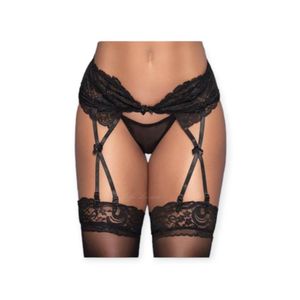 Cinta Liga Preta Rendada Com Calcinha - Yaffa Lingerie - Preto, Unico