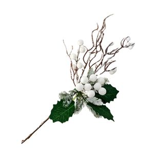 Galho Decorativo Bolinhas Brancas Com Folhas Verdes 33cm