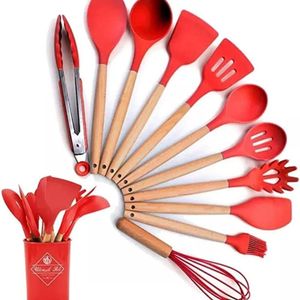 Kit 12 Utensílios De Cozinha Silicone Cabo Madeira vermelho