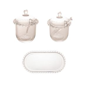 Combo Kit Açucareiro Meleira E Travessa Coração Lyor 3 Peças Transparente