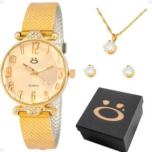 Relogio Feminino Dourado Silicone + Caixa + Brincos Colar
