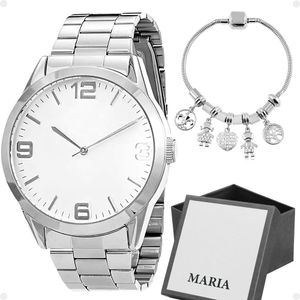 Relogio Feminino Prata Aço Inox + Caixa + Pulseira Pandora