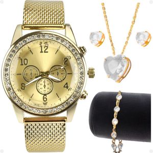 Relogio Feminino Strass Dourado + Brincos + Pulseira + Colar