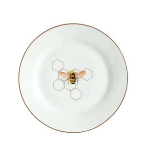 Prato Bolo Para Sobremesa Abelha Em Porcelana 19cm Branco