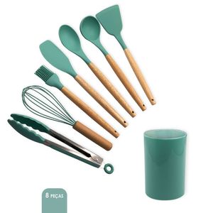 Conjunto De Utensílios De Cozinha Em Silicone, 8 Peças, Verde Escuro Prático E Durável