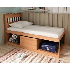 Cama Solteiro Multifuncional Nichos E Baú Cm8037 Amêndoa/branco - Tecno Mobili