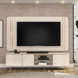 Painel Com Bancada 241cm Galadriel Com Led E Detalhes Dourados Para Tv Até 75 Off White G18 - Gran Belo