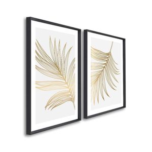 Quadro Decorativo Modelo Folha Dourada Com 2 Telas Para Sala, Quarto, Escritório 60cm X 90cm Preto