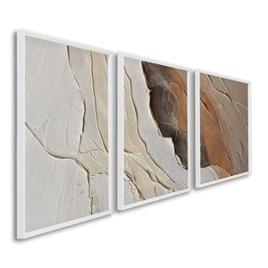 Quadro Decorativo Modelo Rocha Com 3 Telas Para Sala, Casa De Praia, Lavabo 60cm X 90cm Branco