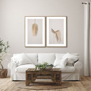 Quadro Decorativo Modelo Pena Dourada Com 2 Telas Para Sala, Quarto, Escritório 60cm X 90cm Branco