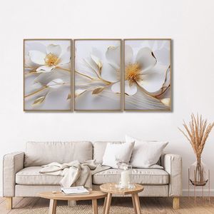 Quadro Decorativo Floral Delicado Magnólias Com 3 Telas De Parede Para Sala Quarto Escritório 60cm X Branco