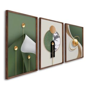 Quadro Geométrico Formas Abstratas Com 3 Telas De Parede Para Sala Quarto Escritório 60cm Tabaco
