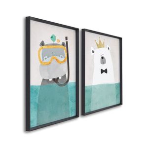 Quadro Diversão No Fundo Do Mar Infantil Com 2 Telas De Parede Para Quarto Sala Brinquedo Preto