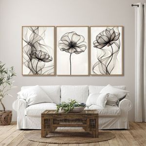 Quadro Decorativo Modelo Floral Iii Com 3 Telas De Parede Para Sala Quarto Escritório 60cm X 90cm Branco