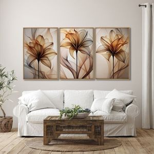 Quadro Decorativo Modelo Floral V Com 3 Telas De Parede Para Sala Quarto Escritório 60cm X 90cm Branco