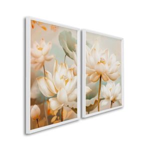 Quadro Decorativo Floral Flor De Lótus Com 2 Telas De Parede Para Sala Quarto Escritório 60cm X 90cm Branco