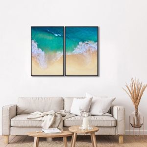 Quadro Decorativo Paisagem Praia Maré Alta Com 2 Telas De Parede Para Sala Quarto Escritório 60cm X Preto