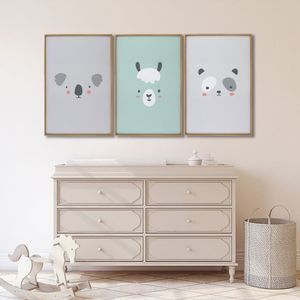 Quadro Infantil Decorativo Rostinhos Do Bem Coala Panda Lhama Com 3 Telas Cm De Parede Para Quarto S Branco
