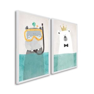Quadro Decorativo Diversão No Fundo Do Mar Infantil Com 2 Telas De Parede Para Quarto Sala Brinquedo Branco