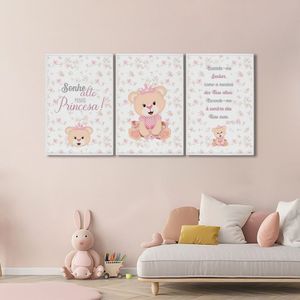 Quadro Infantil Decorativo Sonhe Alto Princesa Com 3 Telas De Parede Para Quarto Sala Brinquedoteca Branco