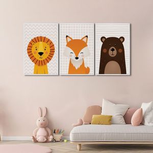 Quadro Decorativo Infantil Amigos Da Selva Com 3 Telas De Parede Para Quarto Sala Brinquedoteca 60cm Branco