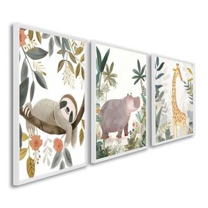 Quadro Infantil Decorativo Diversão Na Selva Com 3 Telas Cm De Parede Para Quarto Sala Brinquedoteca Branco