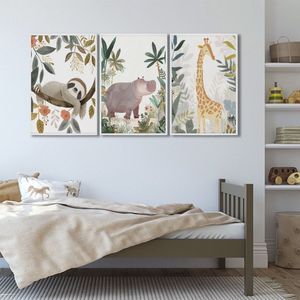 Quadro Infantil Decorativo Diversão Na Selva Com 3 Telas Cm De Parede Para Quarto Sala Brinquedoteca Branco