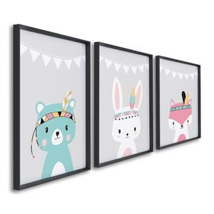 Quadro Decorativo Amigos Da Natureza Infantil Com 3 Telas Cm De Parede Para Quarto Sala Brinquedotec Preto
