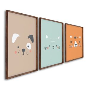 Quadro Infantil Decorativo Rostinhos Do Bem Gato Cachorro Tigre Com 3 Telas Cm De Parede Para Quarto Tabaco
