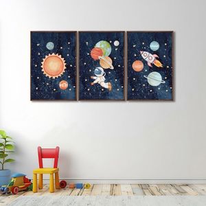 Quadro Decorativo Infantil Aventura Espacial Com 3 Telas Cm De Parede Para Escola Maternidade Brinqu Tabaco