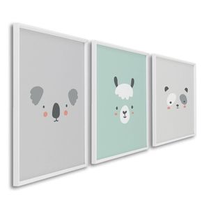 Quadro Infantil Decorativo Rostinhos Do Bem Coala Panda Lhama Com 3 Telas Cm De Parede Para Quarto S Branco