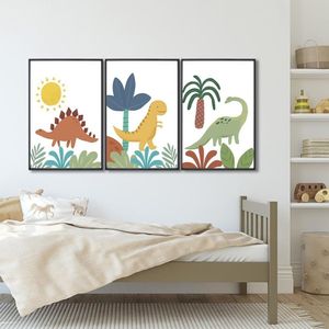 Quadro Decorativo Infantil Dinossauros Com 3 Telas De Parede Para Quarto Sala Brinquedoteca 60cm X 9 Preto