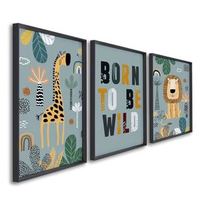 Quadro Decorativo Infantil Pequenos Selvagens Com 3 Telas De Parede Para Quarto Sala Brinquedoteca 6 Preto