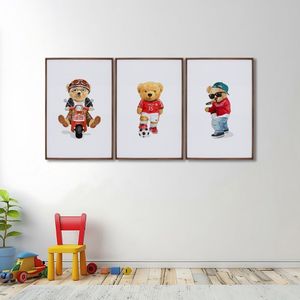 Quadro Decorativo Infantil Ursinhos Estilosos Com 3 Telas De Parede Para Quarto Sala Brinquedoteca 6 Tabaco