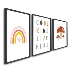 Quadro Decorativo Infantil Crianças Sol E Arco íris Com 3 Telas De Parede Para Quarto Sala Brinquedo Preto