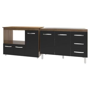 Armário Cozinha Balcão Gabinete De Pia 120 Cm Bruna E Balcão Lilian Para Microondas E Forno Elétrico Savana Preto