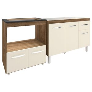 Cozinha Armário Balcão Gabinete De Pia Aline 120 Cm E Balcão Evelyn Para Fogão Cooktop 5 Bocas E Forno Savana Off White