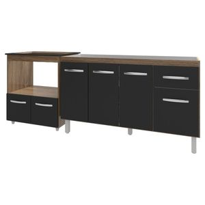 Balcão Cozinha Gabinete De Pia 140 Cm Camila E Balcão Evelyn Para Fogão Cooktop 5 Bocas E Forno Elétrico Savana Preto